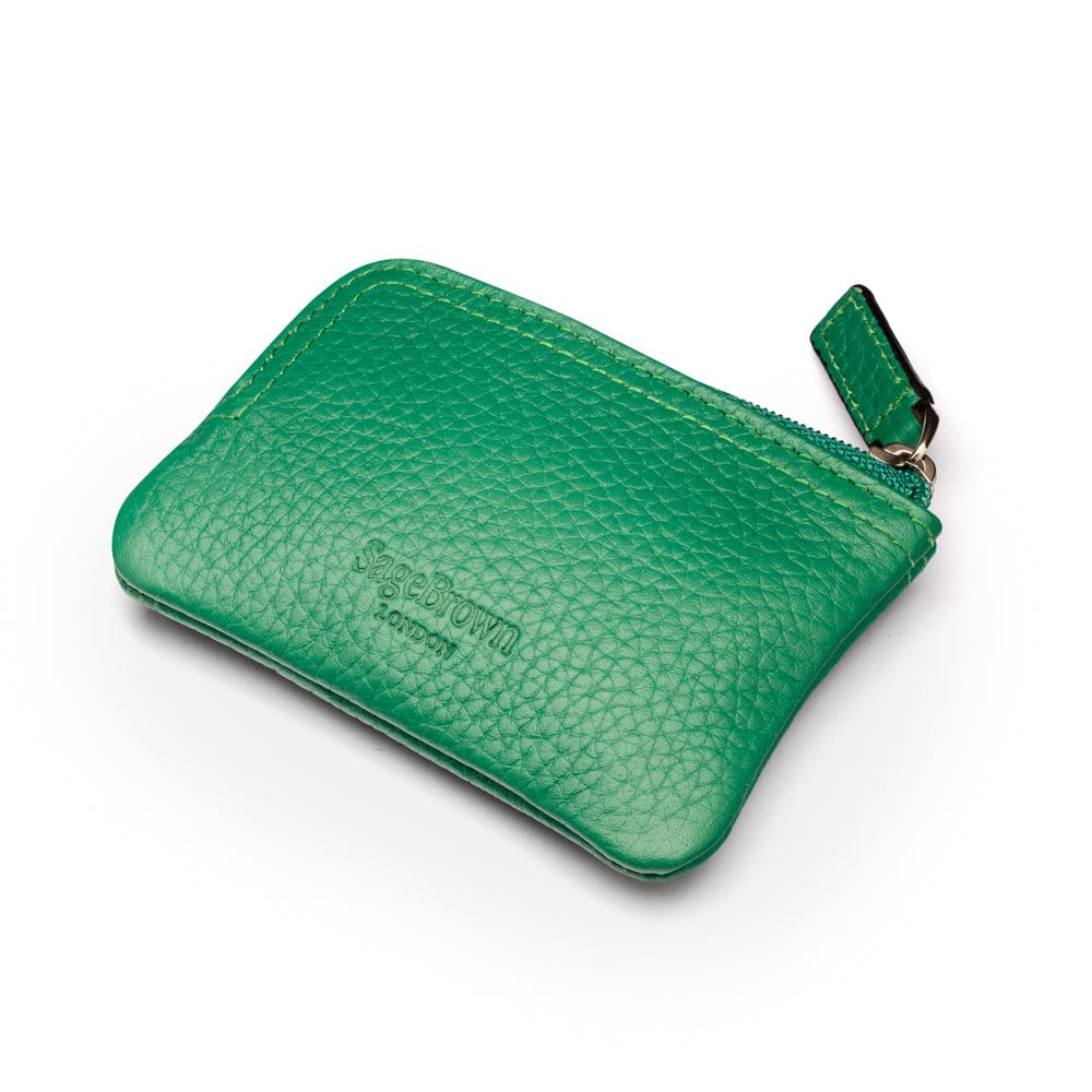 Small leather coin purse with key chain, emerald, back