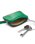 Small leather coin purse with key chain, emerald, inside