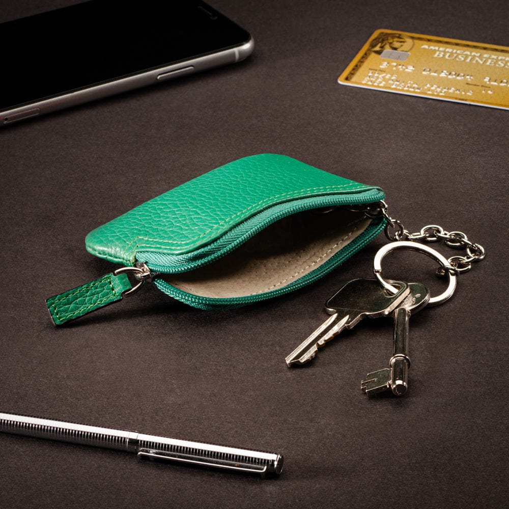 Small leather coin purse with key chain, emerald, lifestyle