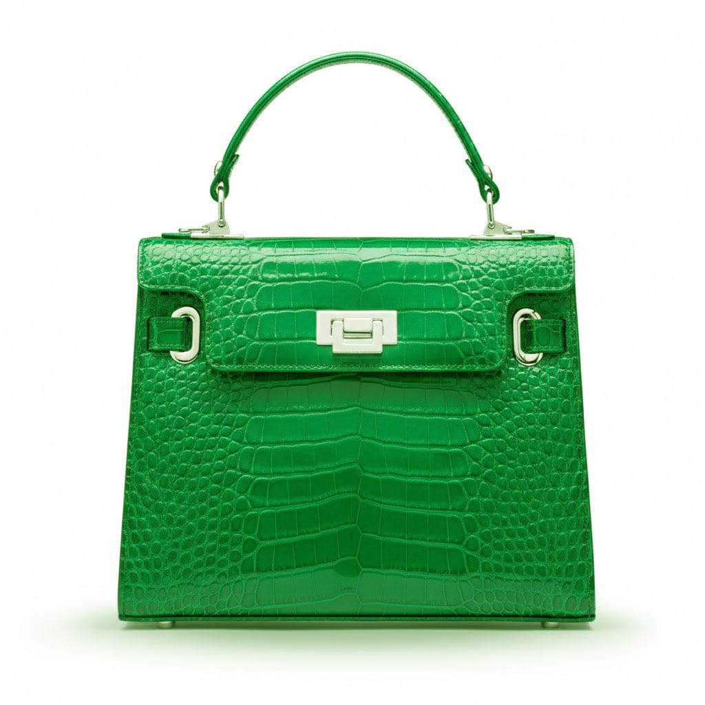 Leather Catherine bag, emerald patent croc, front