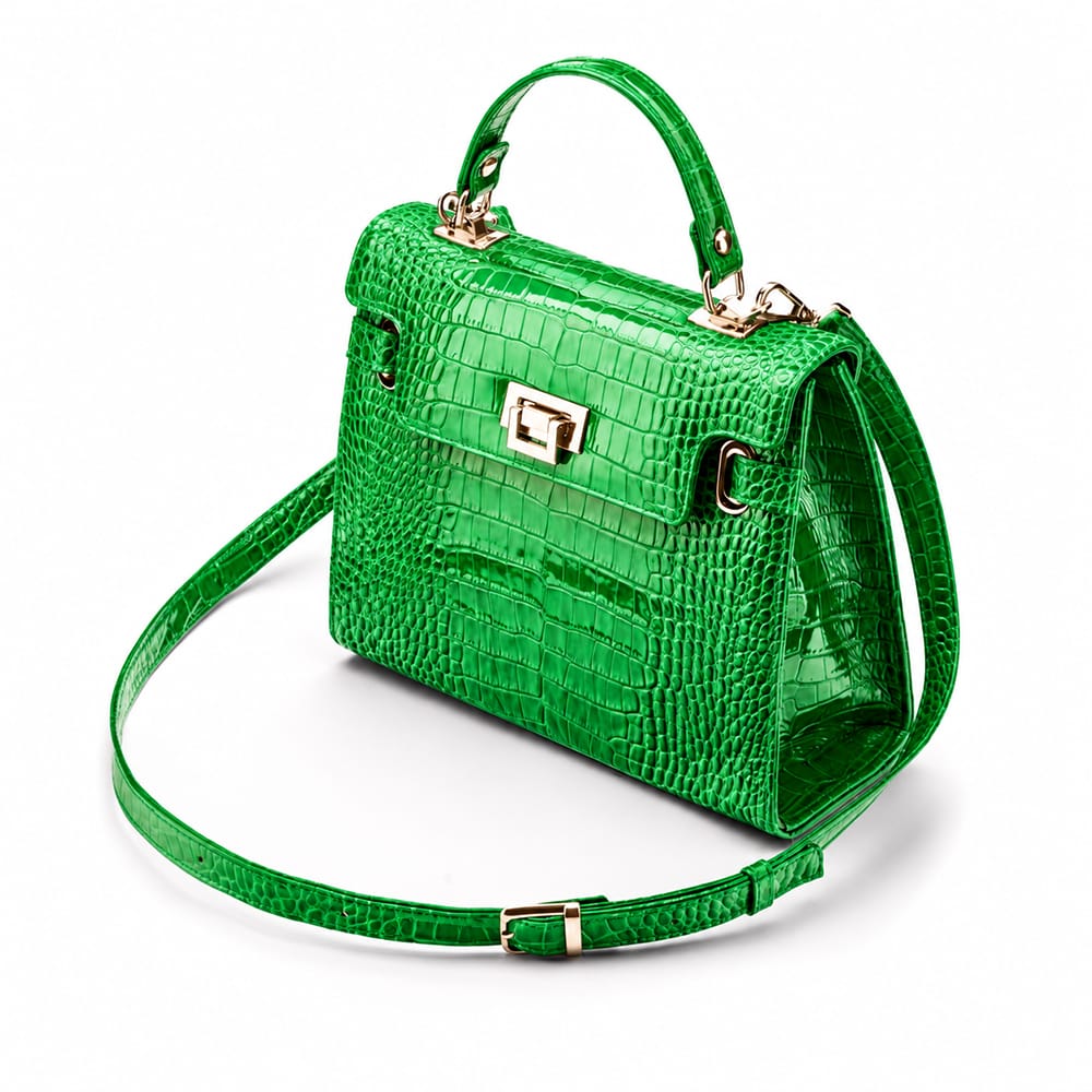 Leather  Mini Catherine bag, emerald patent croc, side