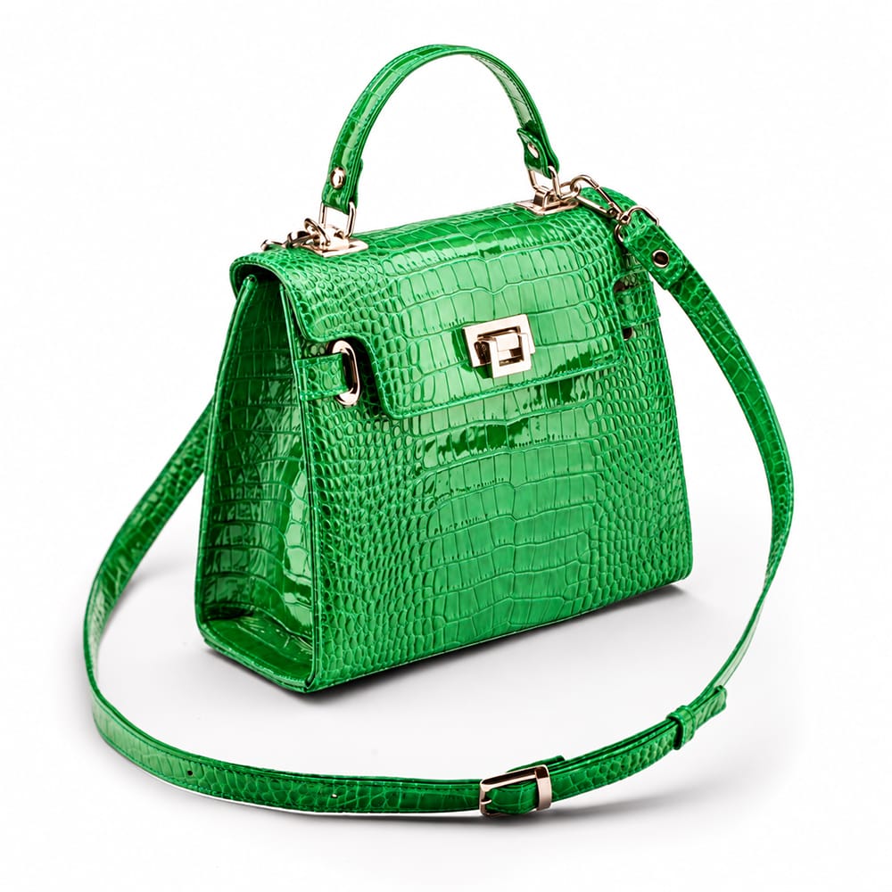 Leather mini Catherine bag, emerald patent croc, with shoulder strap