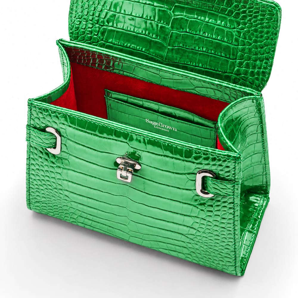 Leather Mini Catherine bag, emerald patent croc, inside