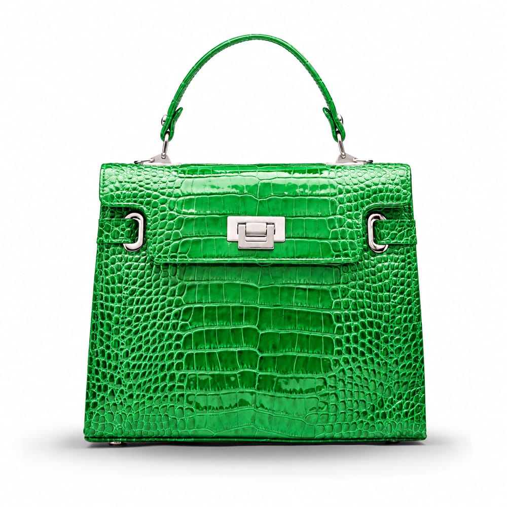 Leather Mini Catherine bag, emerald patent croc, front