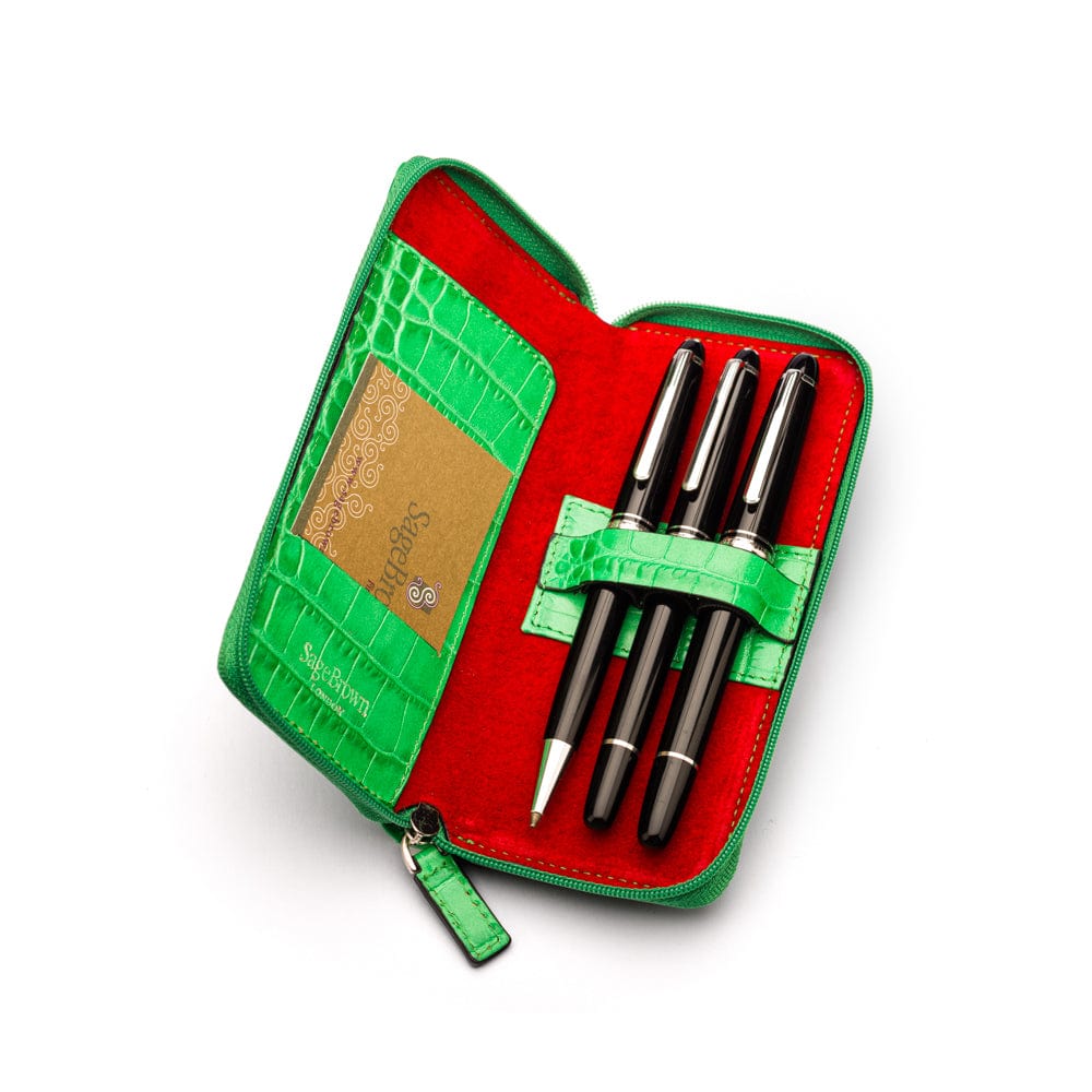 Leather zip around triple pen case, emerald croc, inside