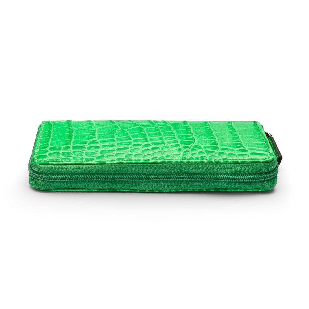 Leather zip around triple pen case, emerald croc, zip