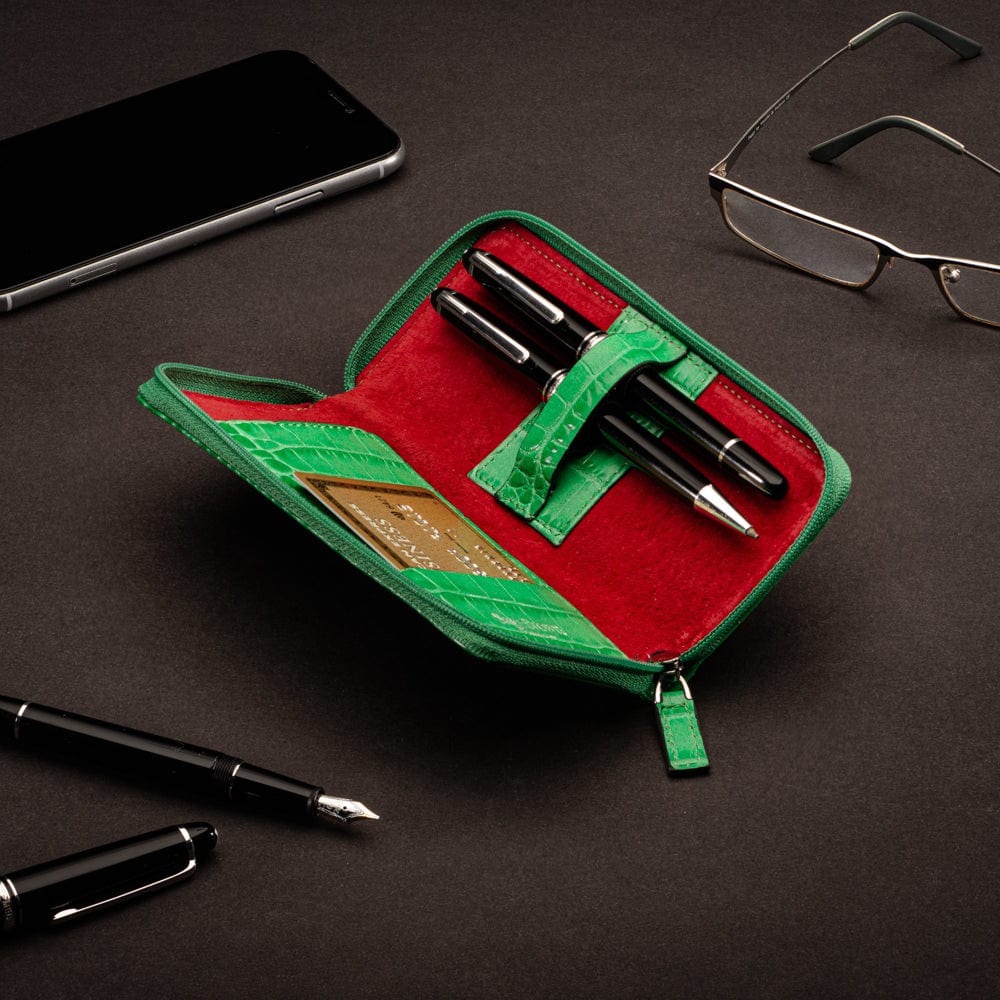 Leather zip around triple pen case, emerald croc, lifetsyle