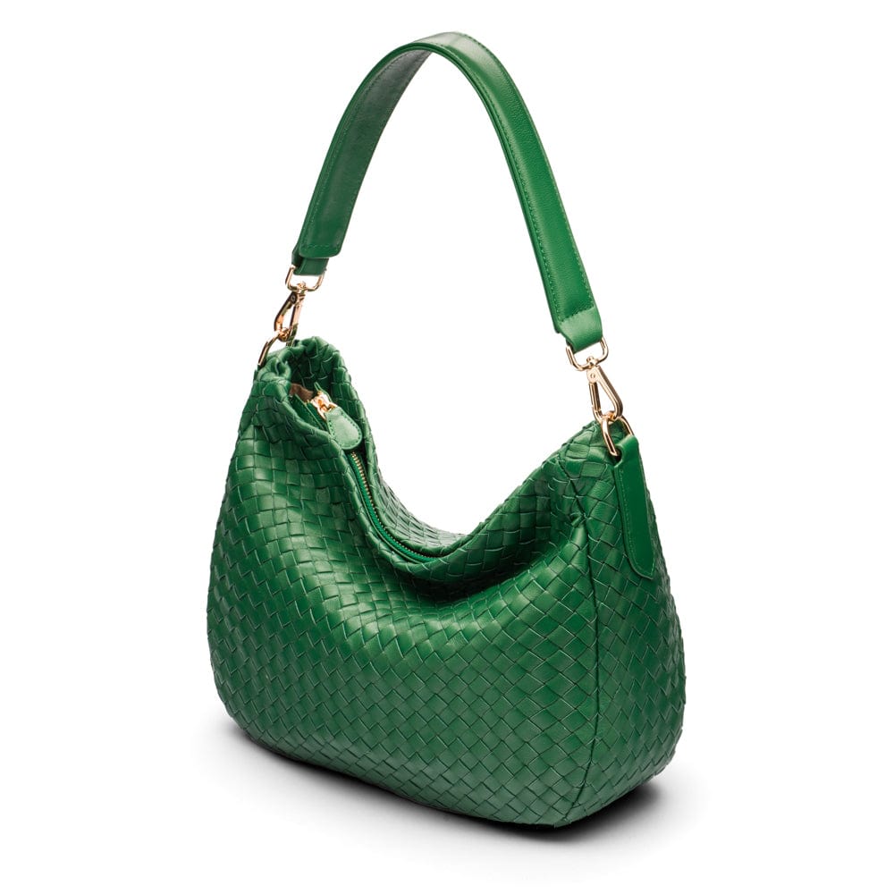 Melissa slouchy leather woven bag with zip closure, emerald, side