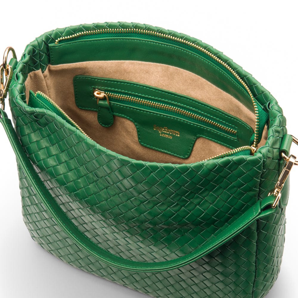 Melissa slouchy leather woven bag with zip closure, emerald, inside