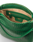 Melissa slouchy leather woven bag with zip closure, emerald, inside