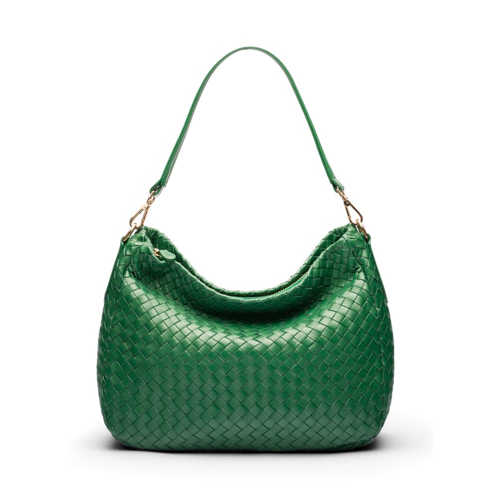 Melissa slouchy leather woven bag with zip closure, emerald, front