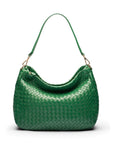 Melissa slouchy leather woven bag with zip closure, emerald, front