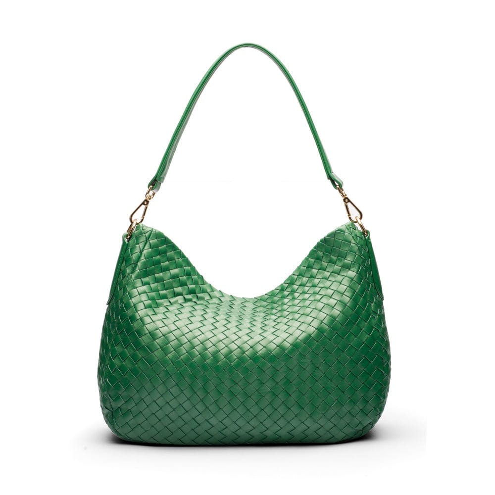 Melissa slouchy leather woven bag with zip closure, emerald, back