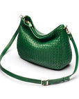 Melissa slouchy leather woven bag with zip closure, emerald, with long shoulder strap