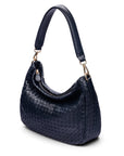 Melissa slouchy leather woven bag with zip closure, navy, side