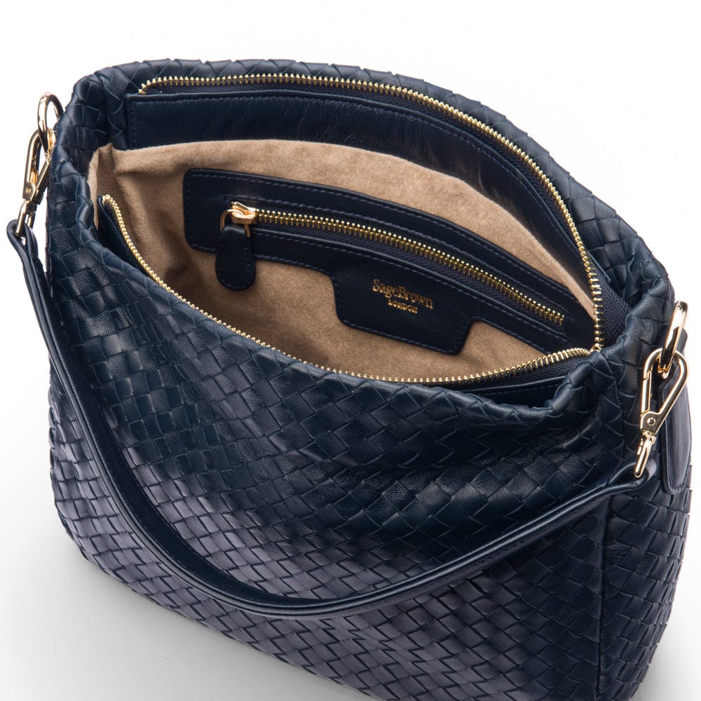 Melissa slouchy leather woven bag with zip closure, navy, inside