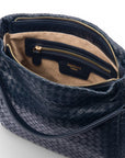 Melissa slouchy leather woven bag with zip closure, navy, inside