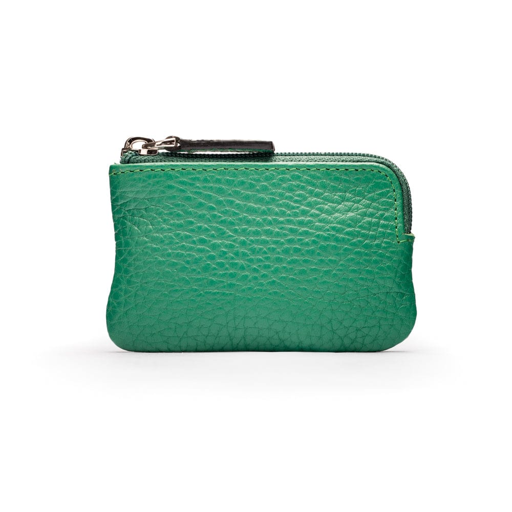 Miniature leather coin purse with key chain, emerald, front