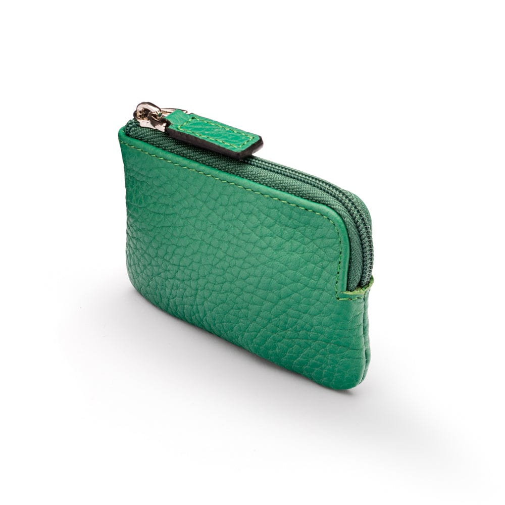 Miniature leather coin purse with key chain, emerald, top