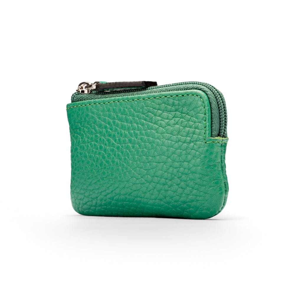 Miniature leather coin purse with key chain, emerald, side