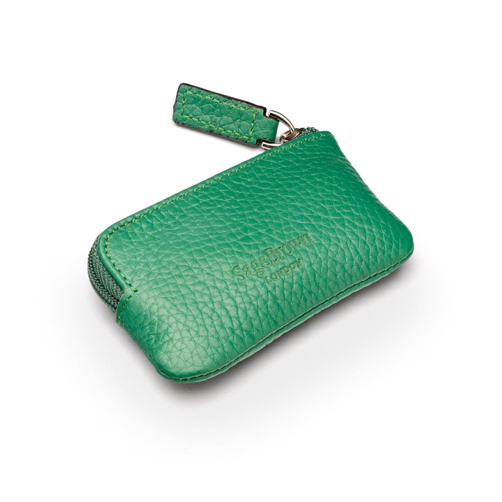 Miniature leather coin purse with key chain, emerald, back