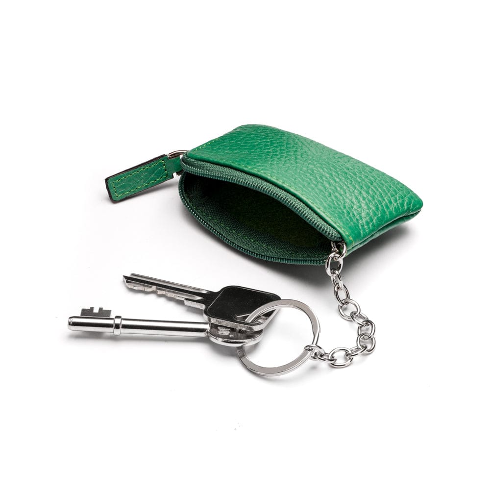 Miniature leather coin purse with key chain, emerald, inside