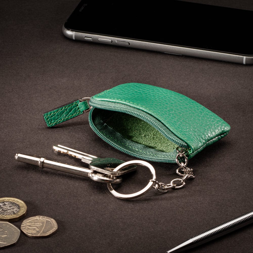 Miniature leather coin purse with key chain, emerald, lifestyle