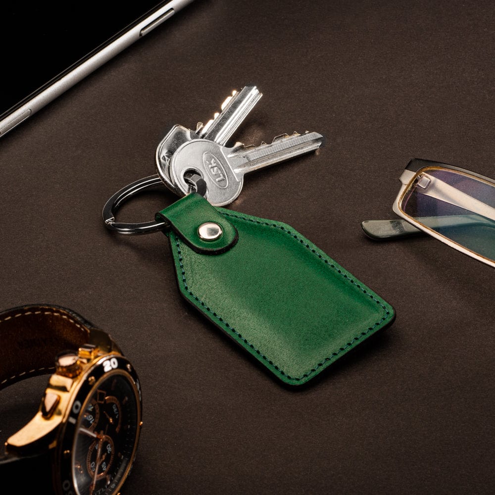 Rectangular leather key fob, emerald, lifestyle