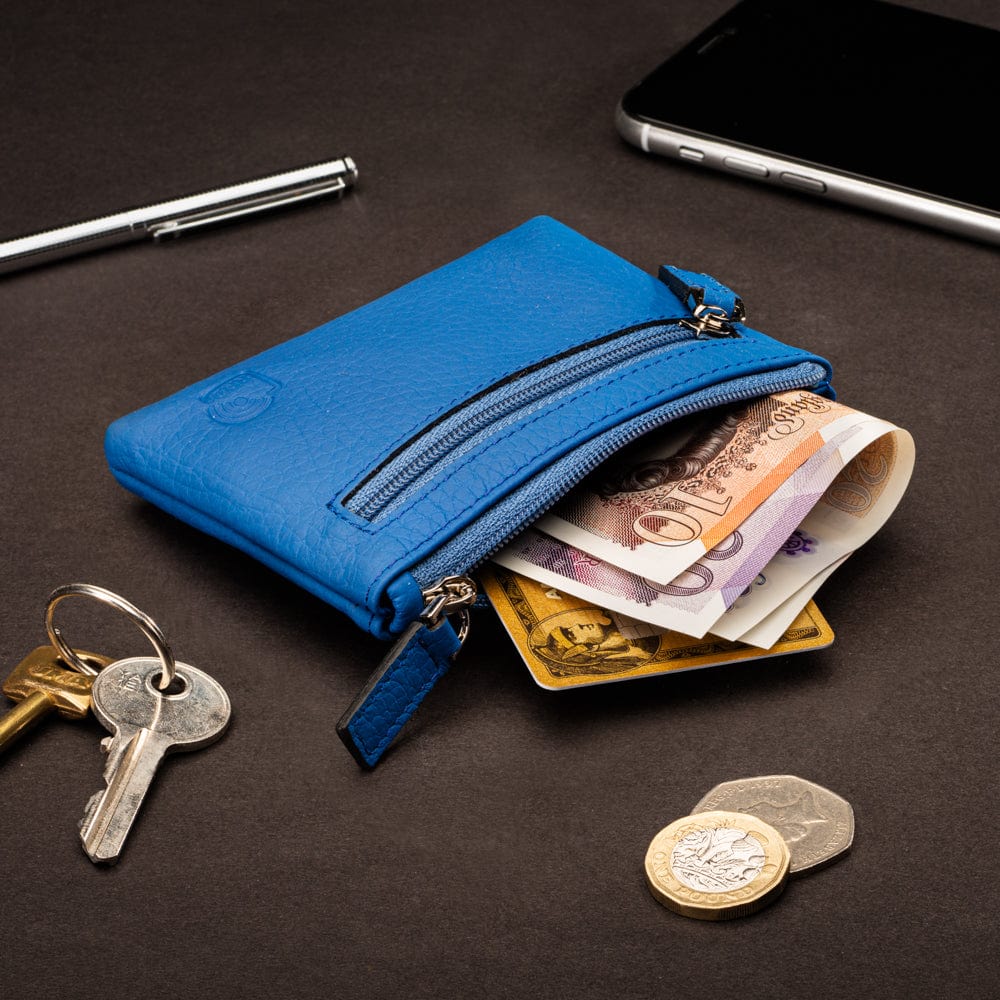 RFID Small leather zip coin pouch, cobalt pebble grain, lifestyle