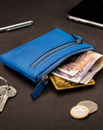 RFID Small leather zip coin pouch, cobalt pebble grain, lifestyle