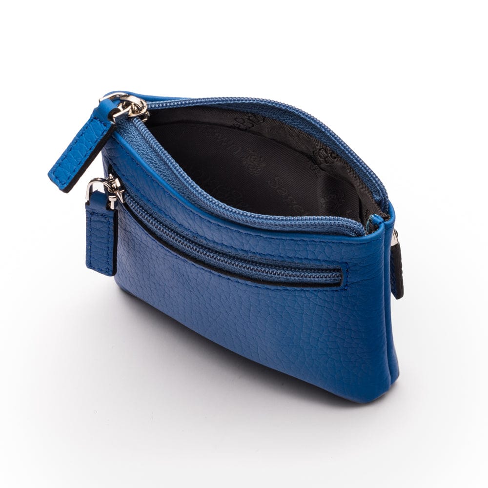 RFID Small leather zip coin pouch, cobalt pebble grain, inside