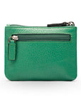 RFID Small leather zip coin pouch, emerald pebble grain, front