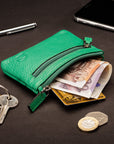 RFID Small leather zip coin pouch, emerald pebble grain, lifestyle