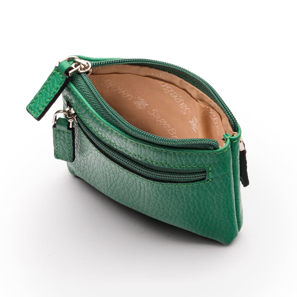 RFID Small leather zip coin pouch, emerald pebble grain, inside