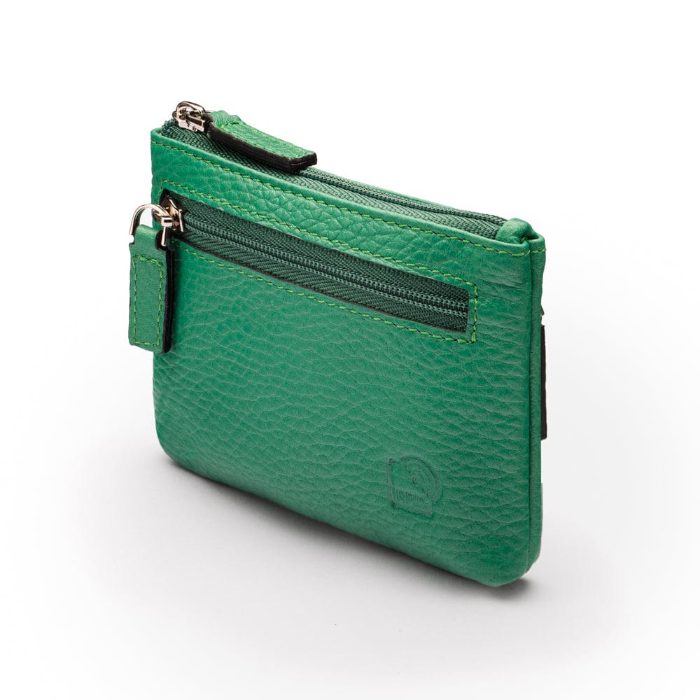 RFID Small leather zip coin pouch, emerald pebble grain, back side