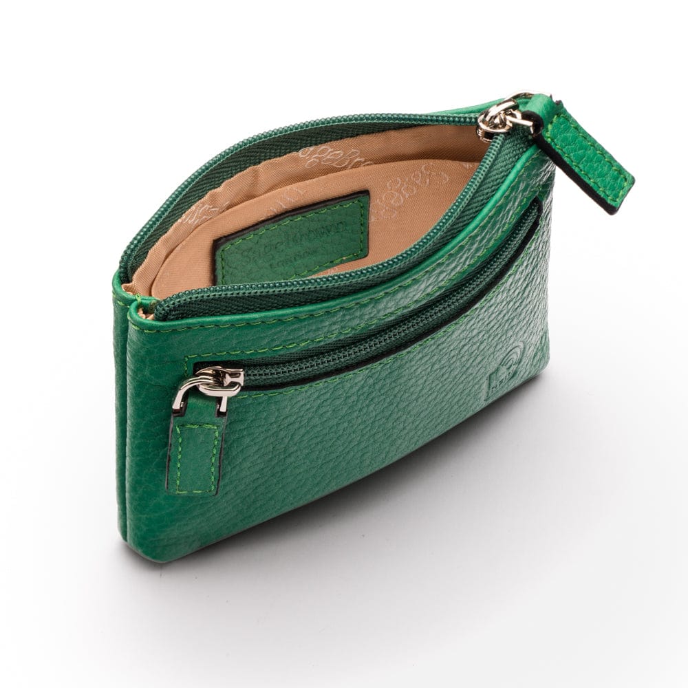 RFID Small leather zip coin pouch, emerald pebble grain, open