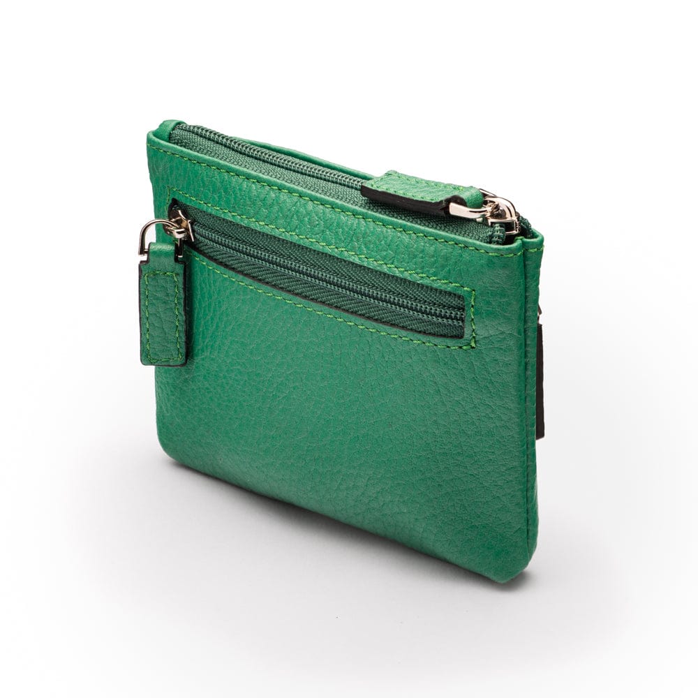 RFID Small leather zip coin pouch, emerald pebble grain, front side