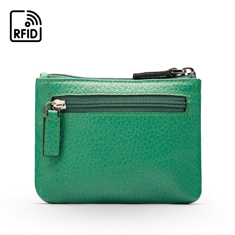 RFID Small leather zip coin pouch, emerald pebble grain, front view