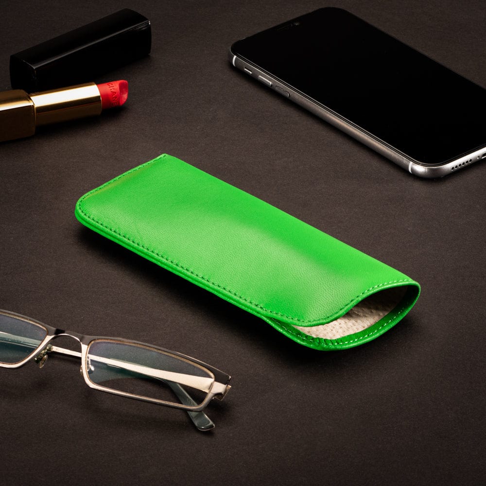Small leather glasses case, soft emerald, lifestyle