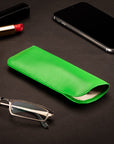 Small leather glasses case, soft emerald, lifestyle