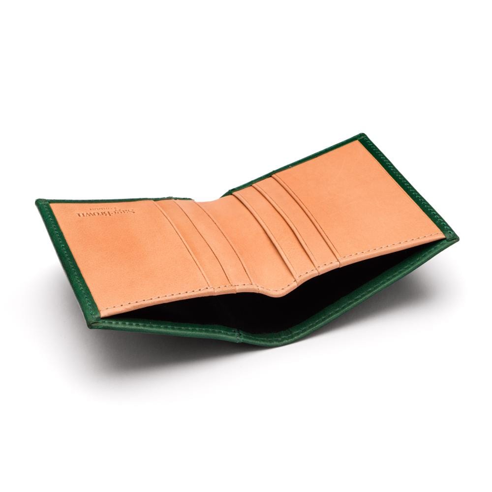 Two-tone compact leather billfold wallet 4 CC, emerald, open