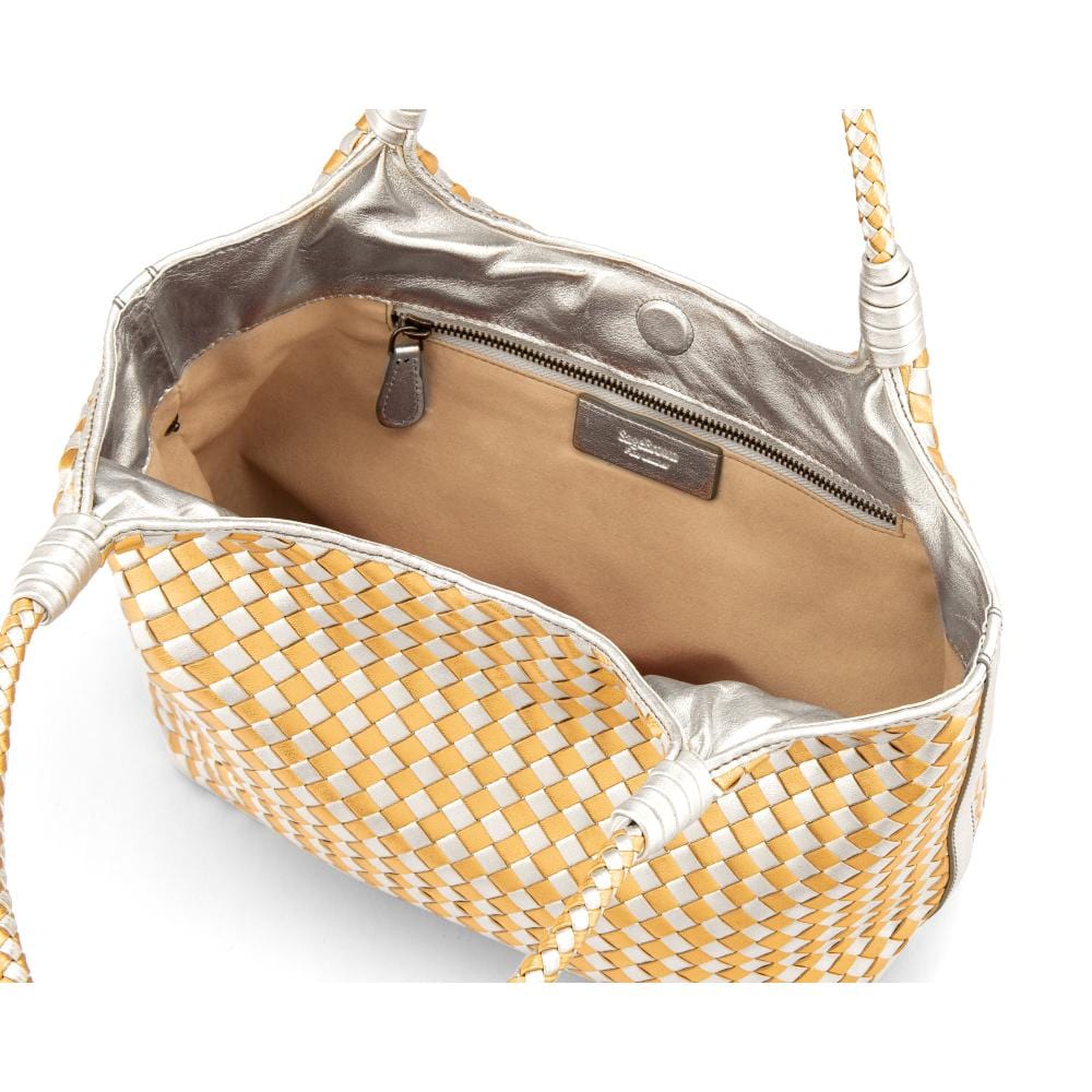 Woven leather shoulder bag, gold and silver, open
