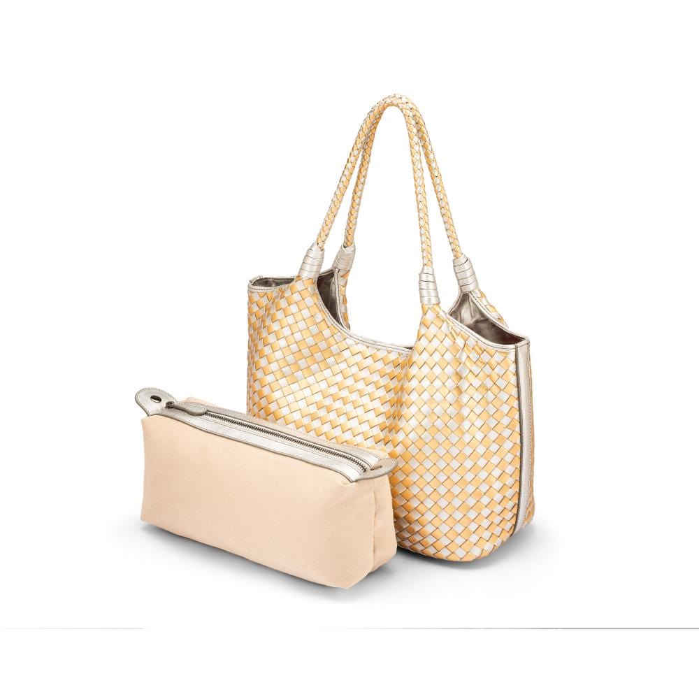 Woven leather shoulder bag, gold and silver, with detachable inner bag