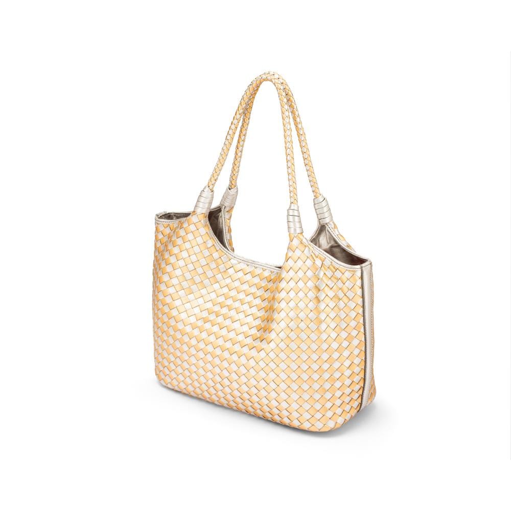 Woven leather shoulder bag, gold and silver, side view