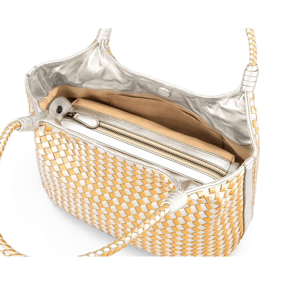 Woven leather shoulder bag, gold and silver, inside