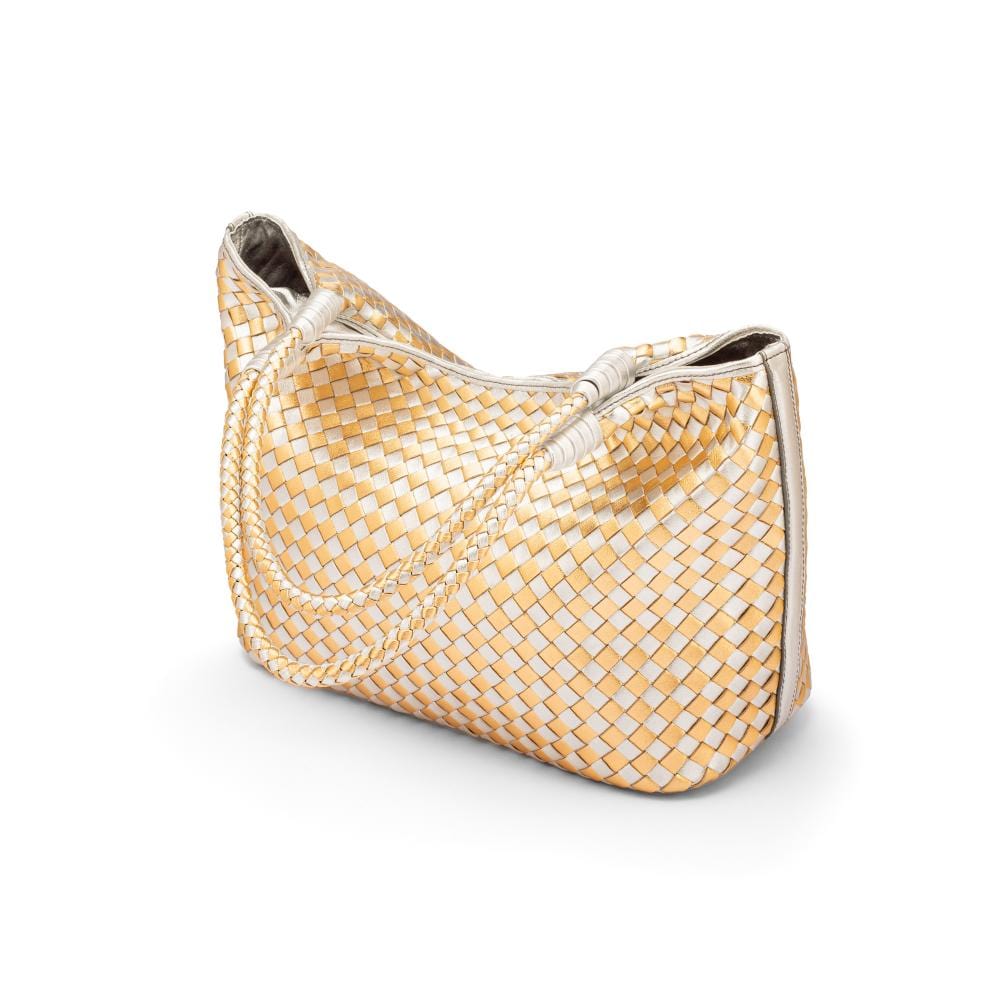 Woven leather shoulder bag, gold and silver, side view