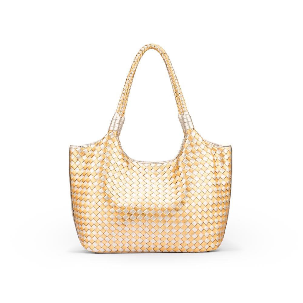 Woven leather shoulder bag, gold and silver, front