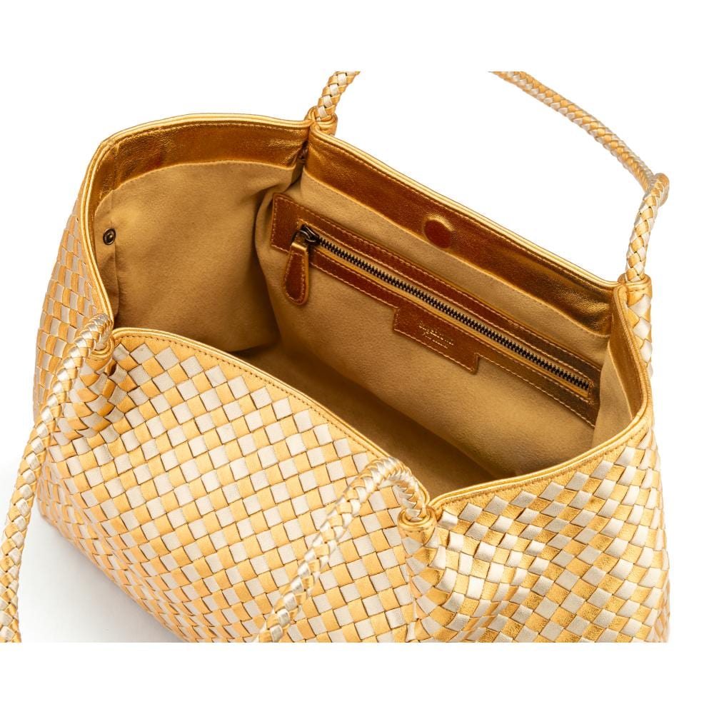 Woven leather slouchy bag, gold and silver, open