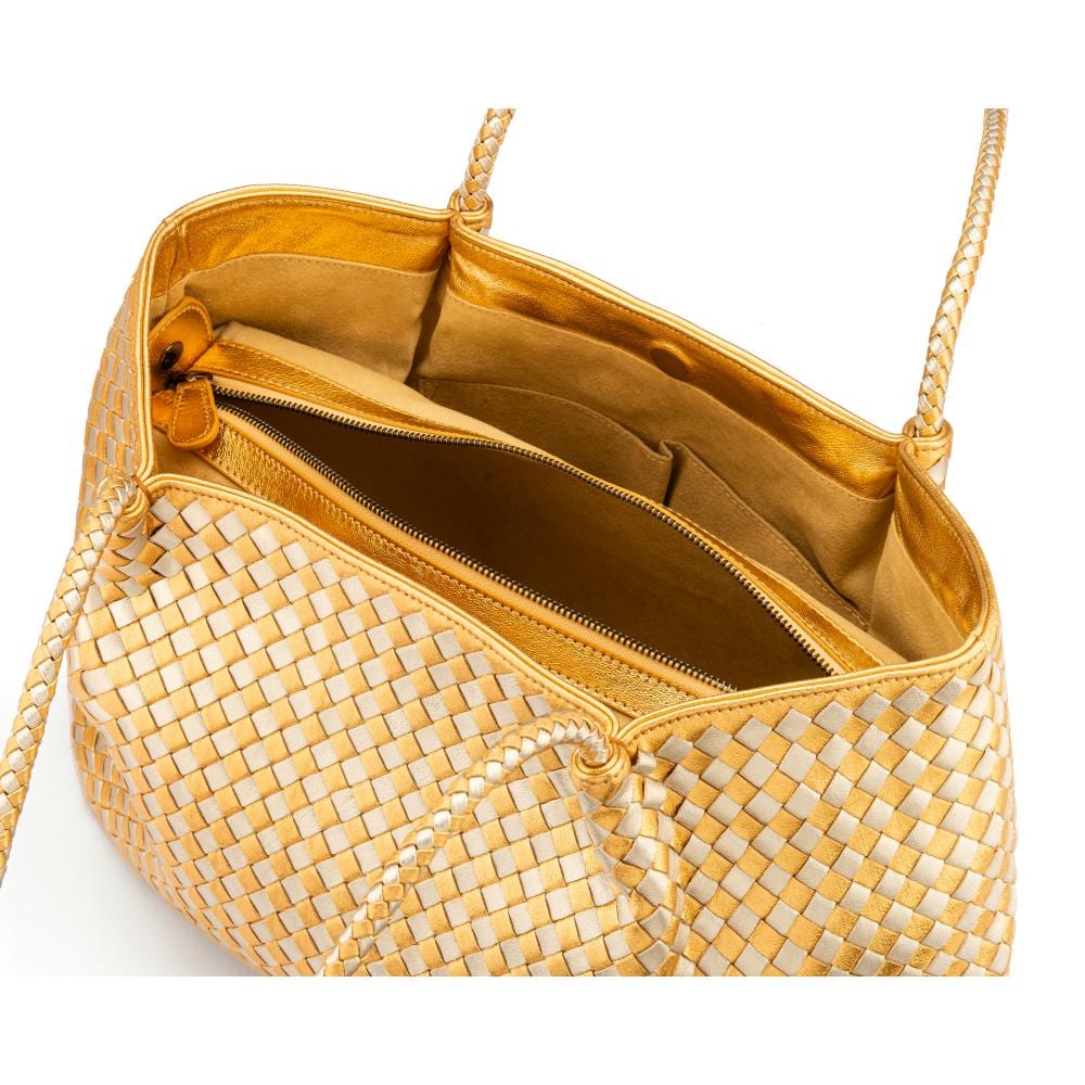 Woven leather slouchy bag, gold and silver, inside