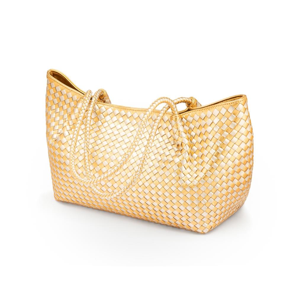 Woven leather slouchy bag, gold and silver, side